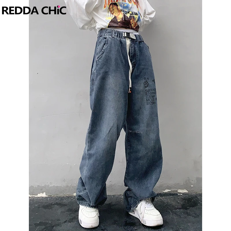 

Женские шаровары ReddaChic с эластичным поясом, повседневные мешковатые джинсы в Корейском стиле для мам, джинсы с графическим принтом, джинсов...