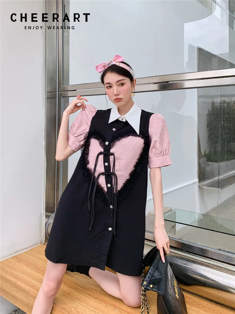 

CHEERART Designer Jacquard Puff Sleeve Shirt Dress For Women 2022 Summer Patchwork Korean Fashion Kawaii Cute Mini Dress Clothes