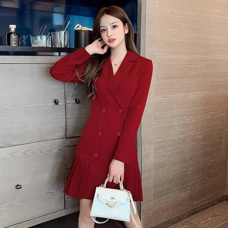 

2022 Women Spring Autumn Chic Solid Pleated Dresses Female Long Sleeve Notched Vestidos Ladies Elegant Blazer Mini Dress K173