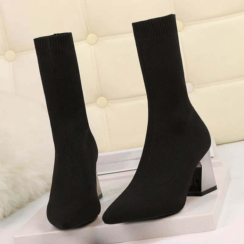 2022 Women Stretch Knitted Sock Boots fashion sexy High Heels black Ankle Boots Stripper Low Block Heel Lady Winter Chunky Shoes