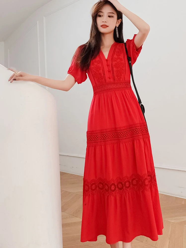 

Khalee Yose Embroidery Tiered Maxi Dress Red Cotton Summer Holiday Dress Hollow Out Sheer Boho Sexy Chic Women Dresses 2xxl New