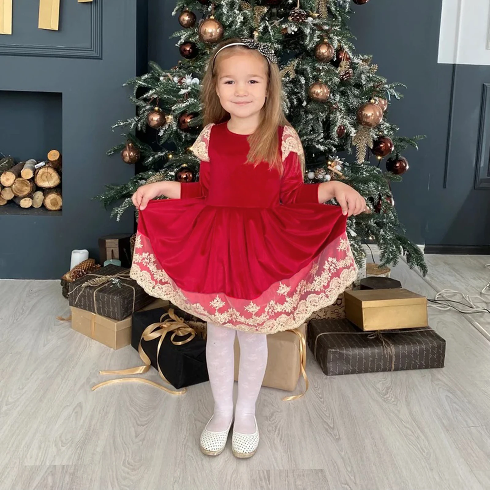 

Детское рождественское платье для девочек, бархатные рождественские платья с длинным рукавом, праздничное вечернее платье, новогодний кос...