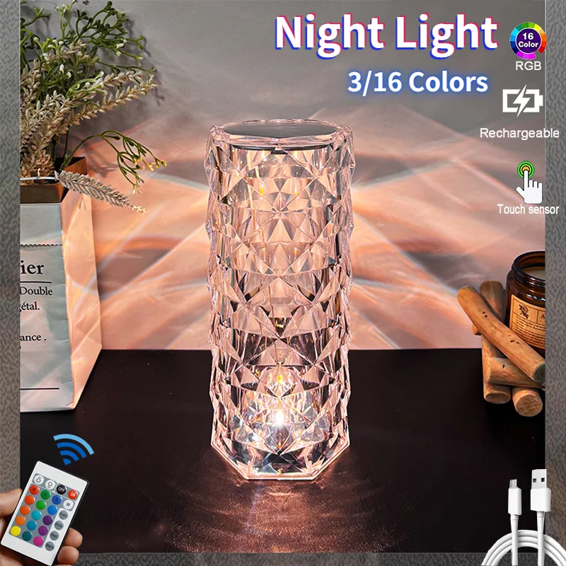 

LED Crystal Table Lamp Rose Light Projecto 3/16 Colors Touch Adjustable Romantic Diamond Atmosphere Light USB Touch Night Light