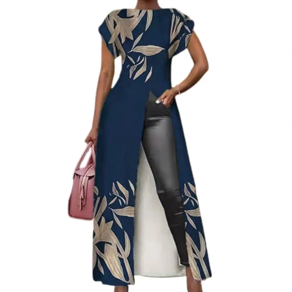 

Popular Party Dress Mid Waist Straight Short Sleeve High Split Loose Hem Lady Dress Club Dress Butterflies Printing