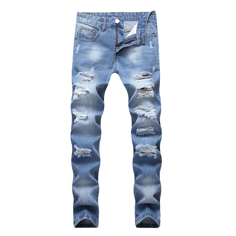 

2023 Designer Men's Ripped Jeans Slim Fit Light Blue Denim Joggers Male Distressed Destroyed Trousers Button Fly Pants