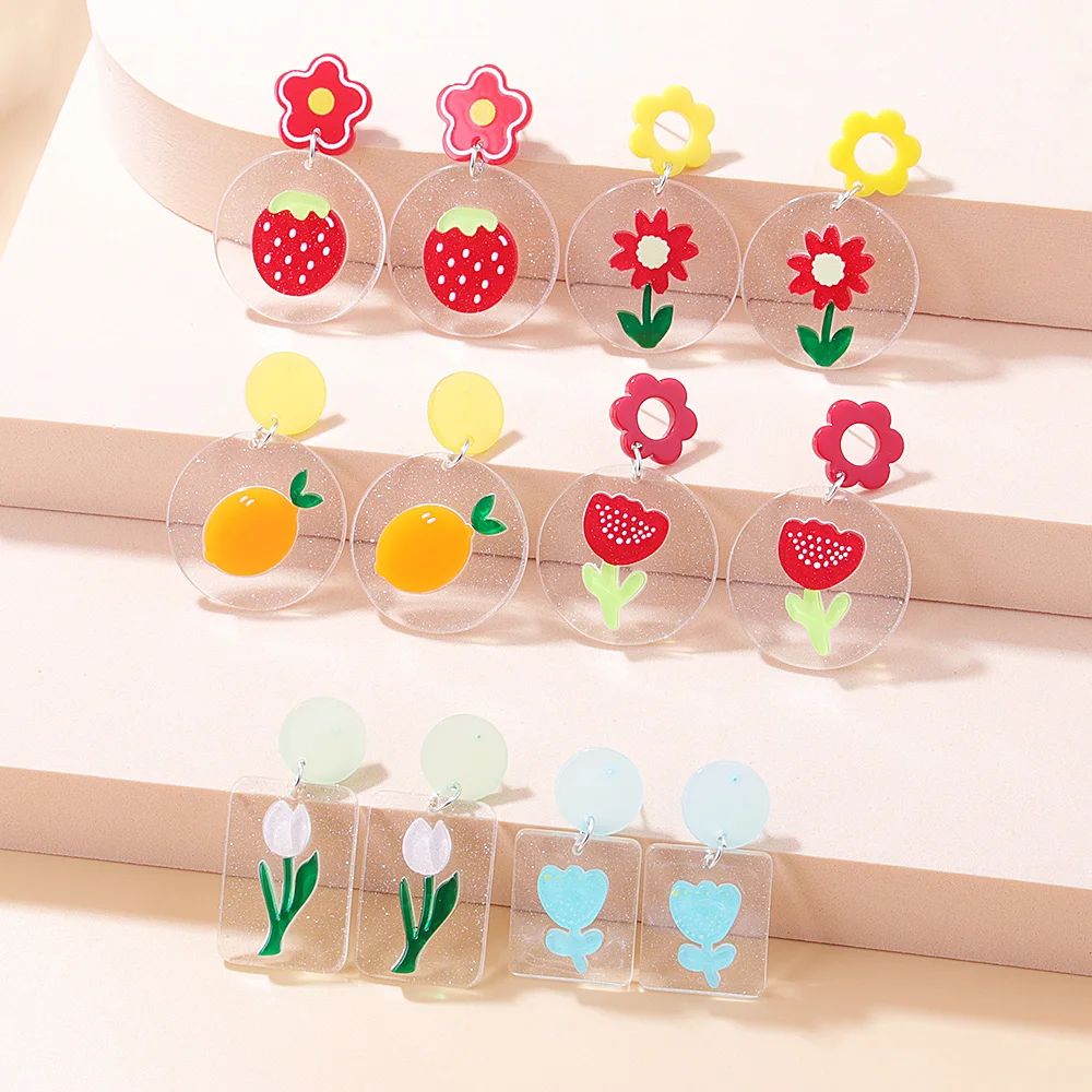 

2022 Bohemia Clear Resin Real Dye Flowers Statement Earrings For Women Round Geometric Earrings Wedding Party Jewelry