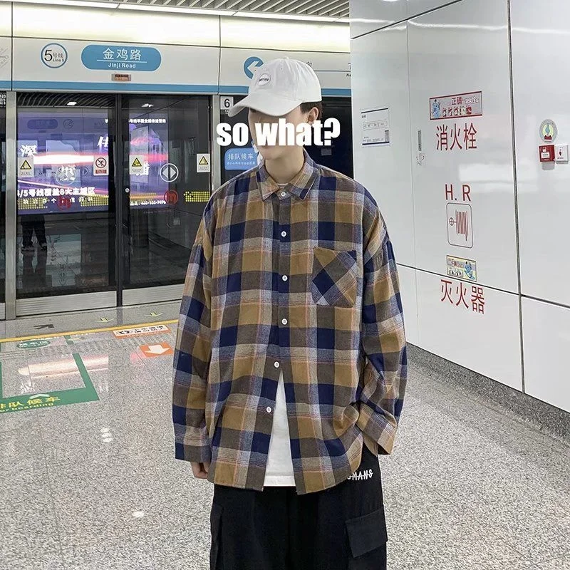 Spring New Plaid Shirts Men Fashion Retro Casual Shirts Men Streetwear Korean Loose Pocket Shirts Mens Long Sleeve Shirts M-2XL
