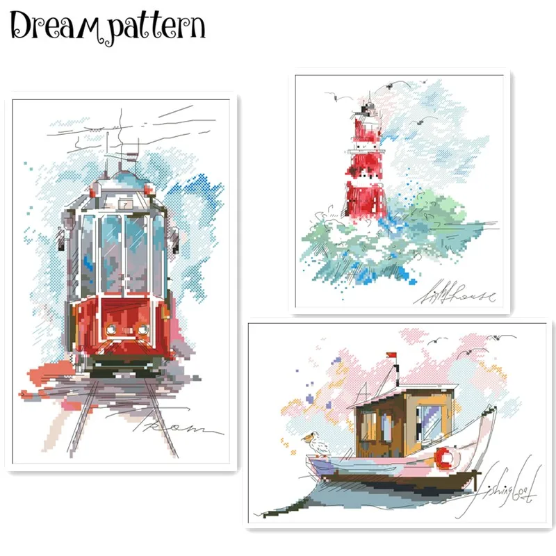 

Urban tram Seaside lighthouse cross stitch package cartoon 18ct 14ct 11ct cloth cotton thread embroidery DIY handmade needlework
