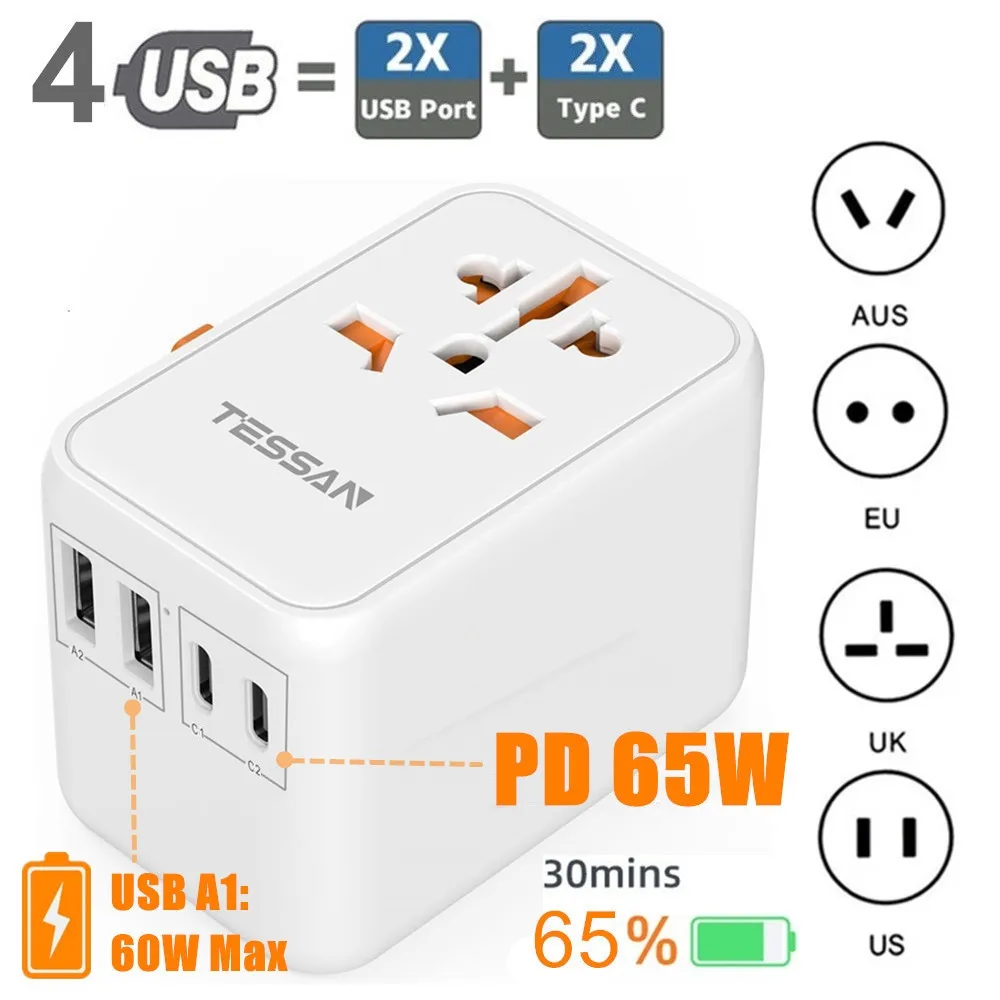 

TESSAN 65W GaN Worldwide Universal Travel Adapter with USB and Type C Fast Charging Power Adapter EU/UK/USA/AUS Plug for Travel