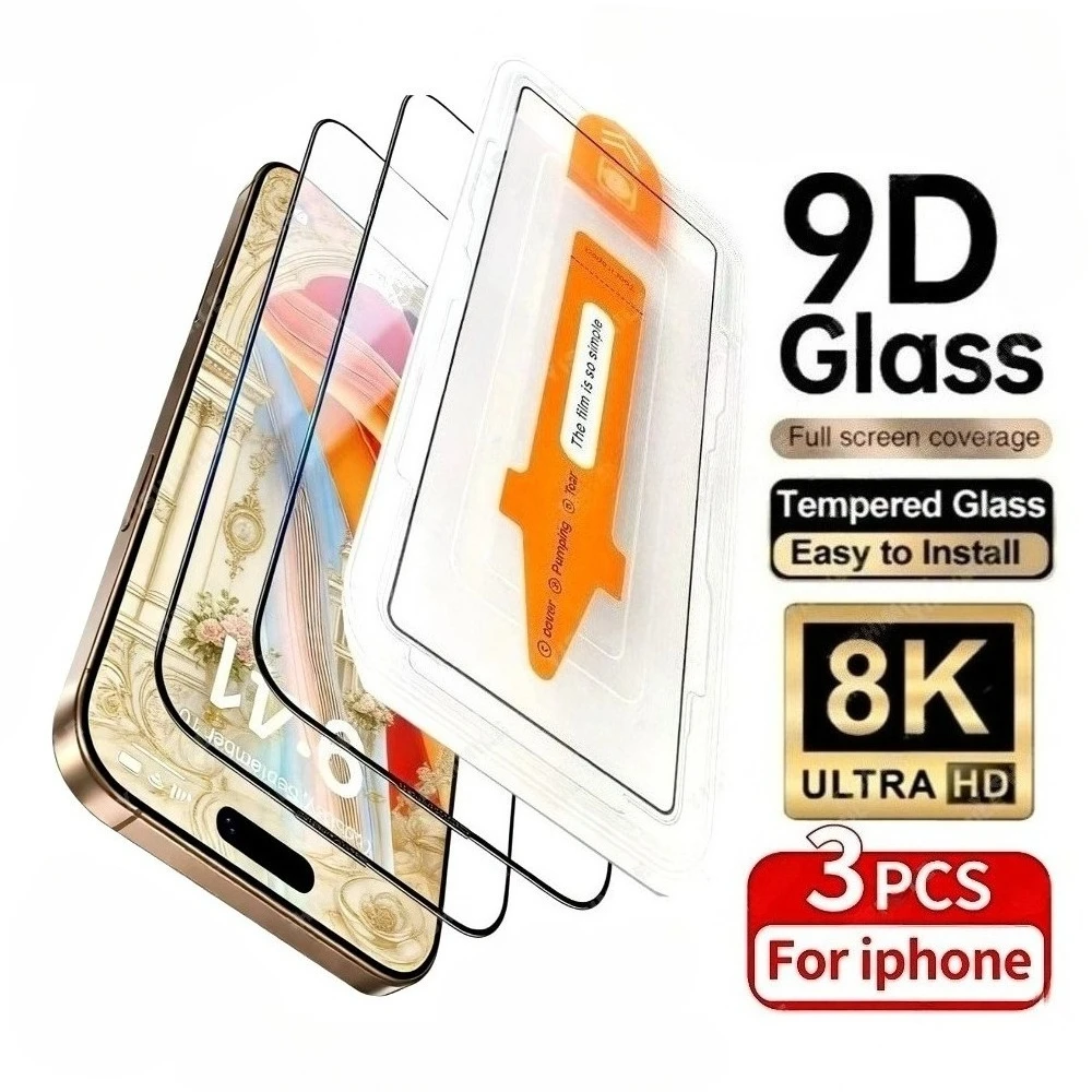 Фото Комплект из 3 ультрапрозрачных защитных стекол для iPhone 17/16/15/14/Pro Max/11/12/13/Pro/17e/16e/15/14/Plus с установкой в один клик №1