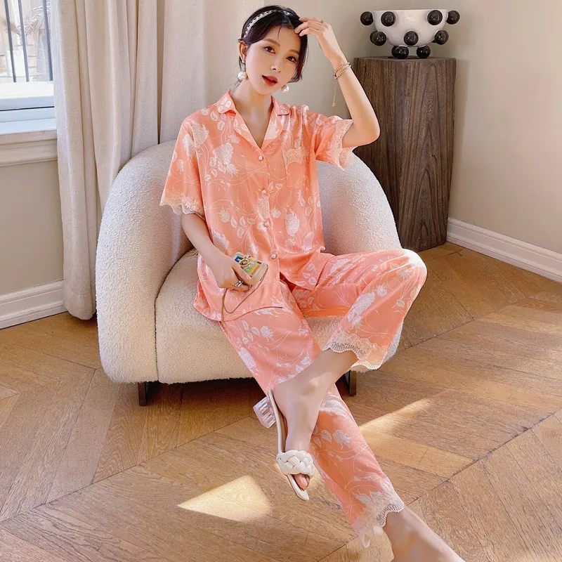 2023 Summer New Pajamas Suit Women's Ice Silk Short Sleeve Trousers Lace Suit Can Be Outerwear Homewear