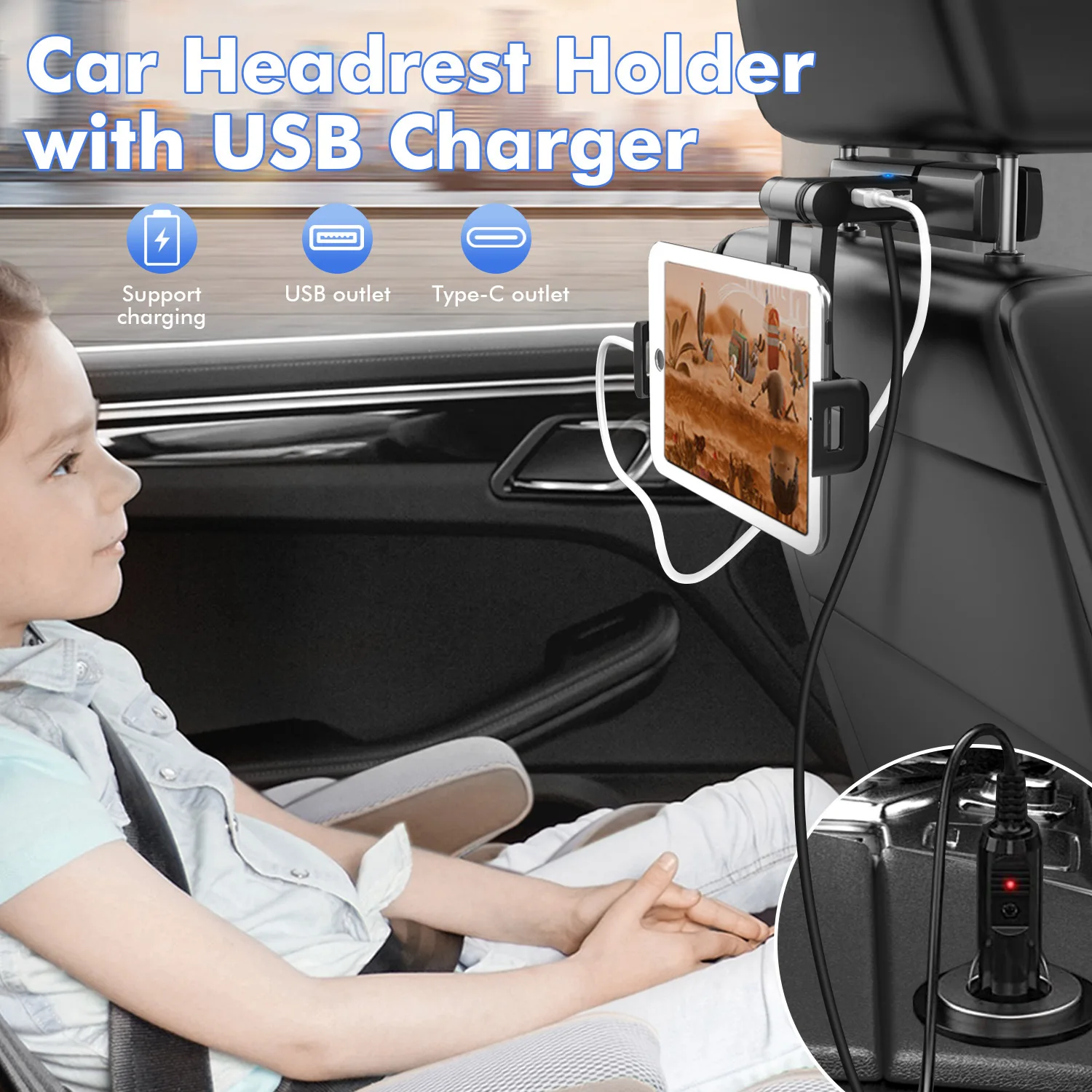 

Car Headrest Holder with Usb Charger Type-C+USB Universal Mobile Phone Stand for Iphone Samsung Ipad 5.5-12.3inch Tablet Bracket