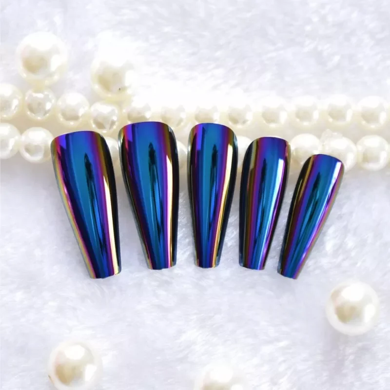 

Chrome Diamond Blue Press On Fingernails Metallic Mirror Holo Fake Nails Extra Long Ladies Designed Tips for Finger