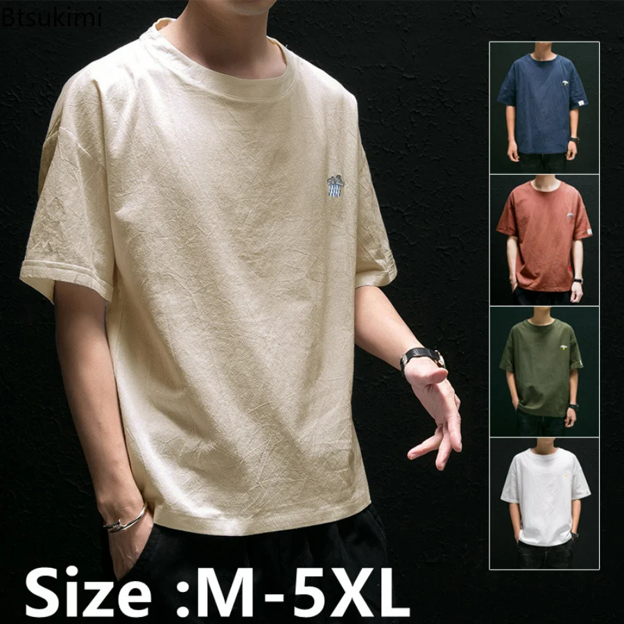 

Мужская летняя рубашка размера плюс 4XL 5XL из хлопка и льна, Повседневная рубашка с коротким рукавом, Мужская мягкая свободная одежда, рубашки...