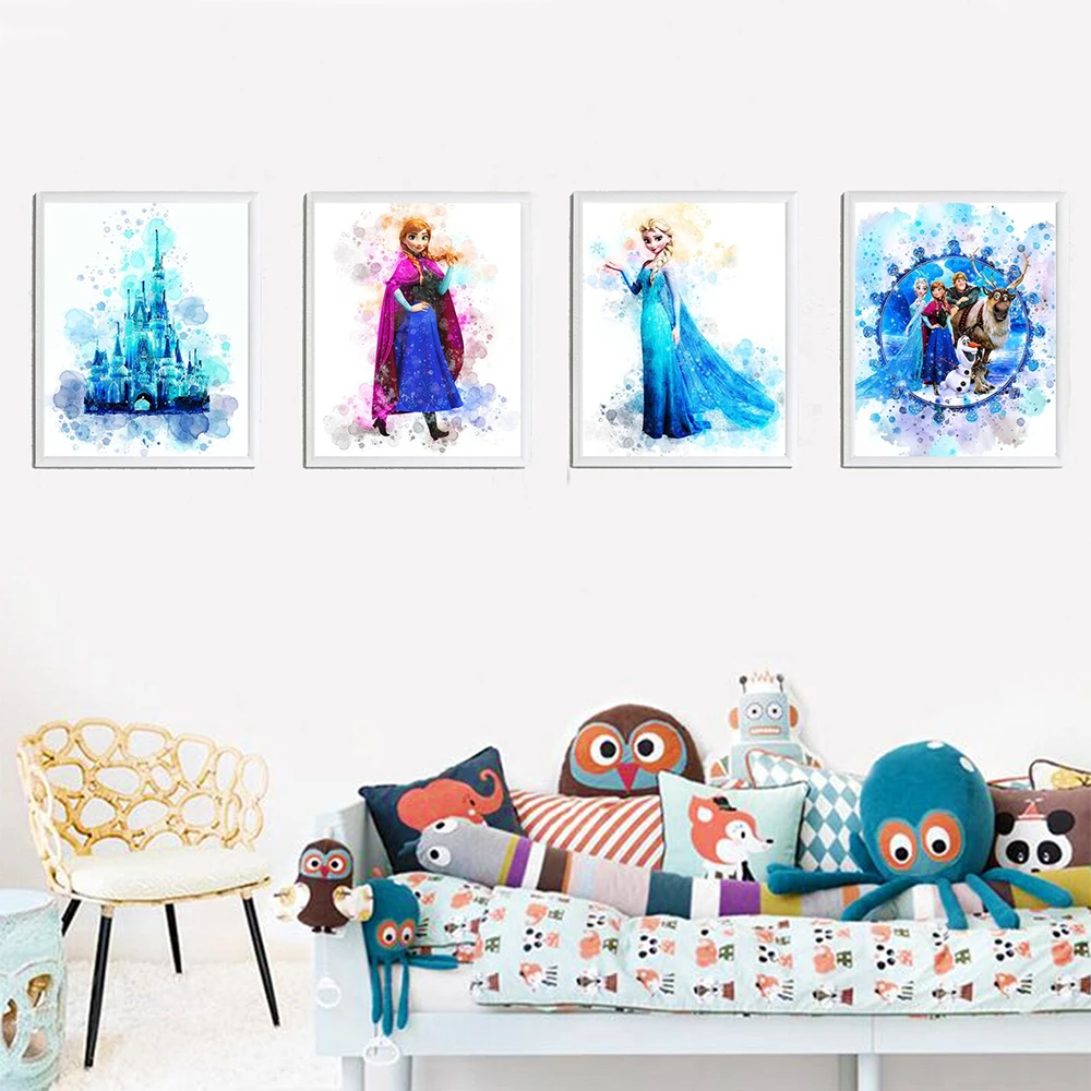 

Elsa Anna Disney Castle Frozen Watercolor Poster and Print Princess Canvas Painting Wall Art Picture Living Room Nursery Decor