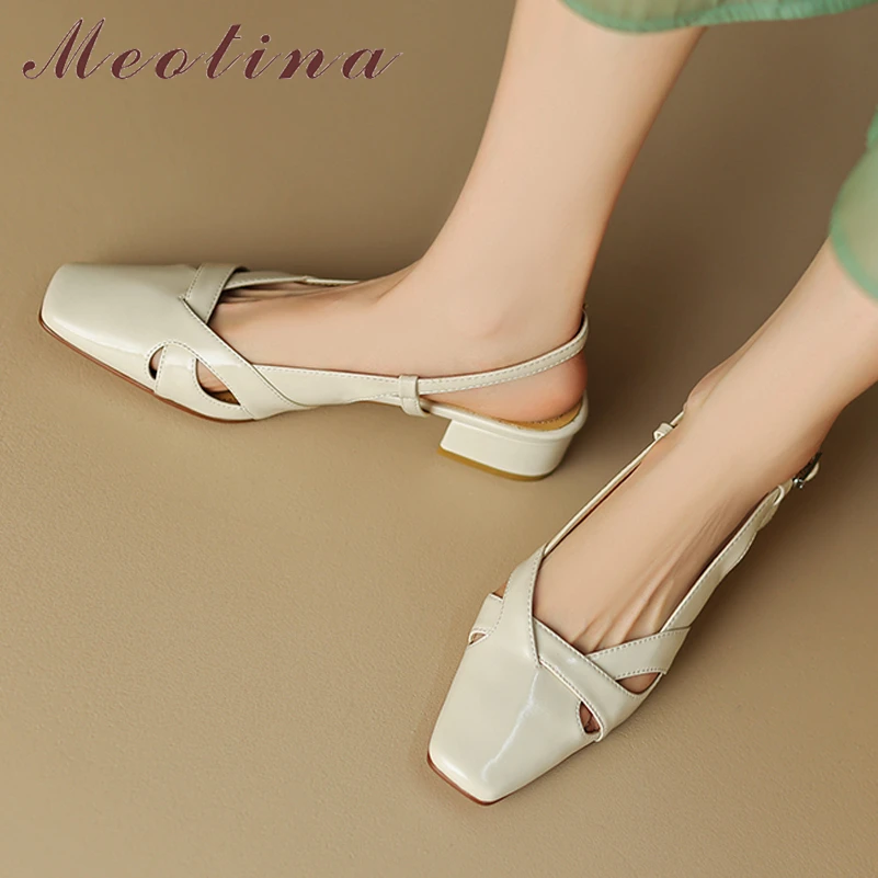 

Meotina Women Genuine Leather Slingbacks Square Toe Thick Mid Heel Sandals Shallow Buckle Ladies Fashion Shoes Summer Spring