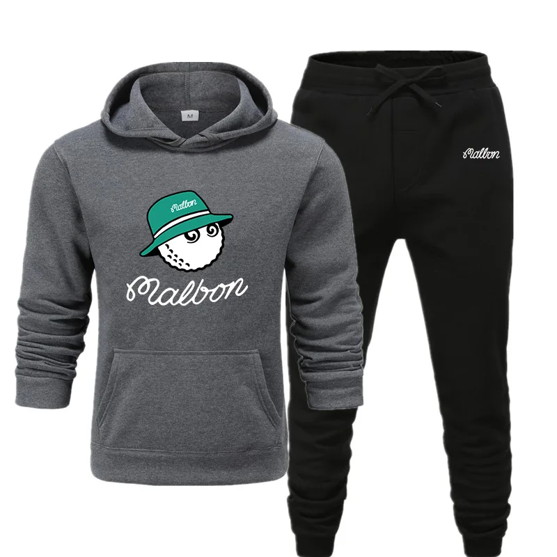 

2022 Men's Jacket Fashion Casual Set Windproof Warm Sweatshirt Malben Golf Wear Fleece Hoodie + Pants Winter