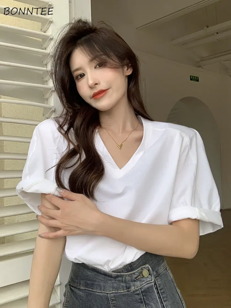 

Однотонный V-образный вырез, женская летняя нежная корейская мода, свободные простые шикарные Милые простые футболки с коротким рукавом, По...