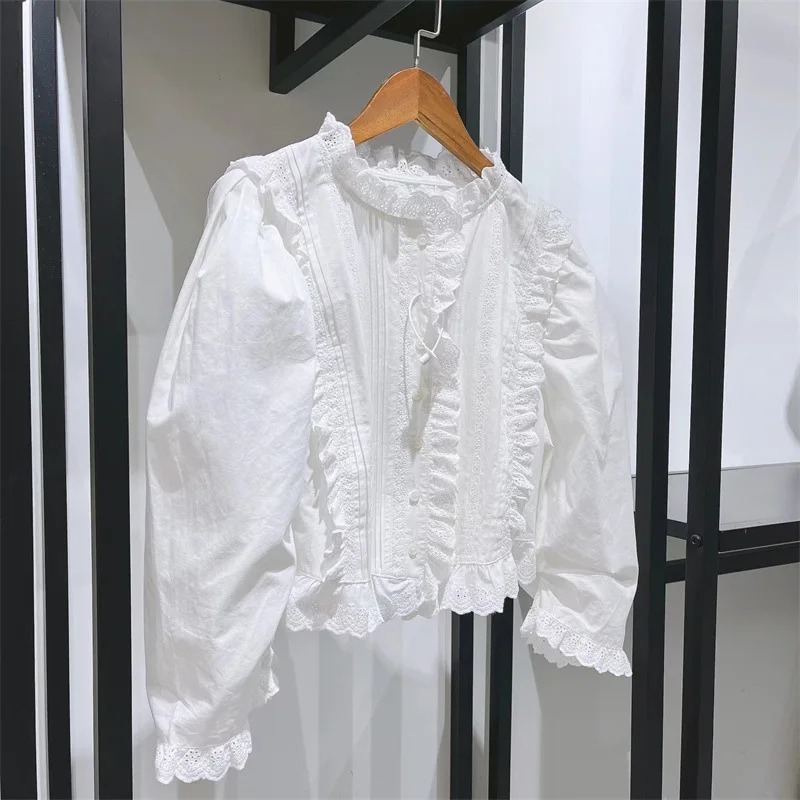 Vintage Long Sleeve Ruffles Shirts for Women Casual Lace O-neck Loose White Summer Shirt 2022 Chic Hollow Out Blouses Camisa