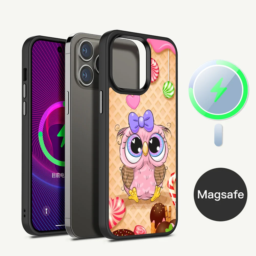 Cartoon Cute Owl Phone Case Magnetic For IPhone 16 14 13 12 11 15 Pro Max Plus Magsafe Wireless Charge Cover