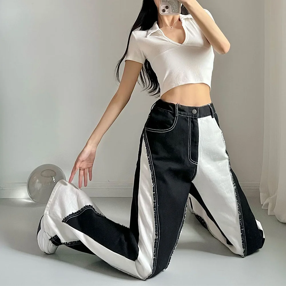 Baggy Jeans Y2K The Black and White Patchwork Jeans Design Asymmetrical Loose Straight Leg Pants Gothic Pants