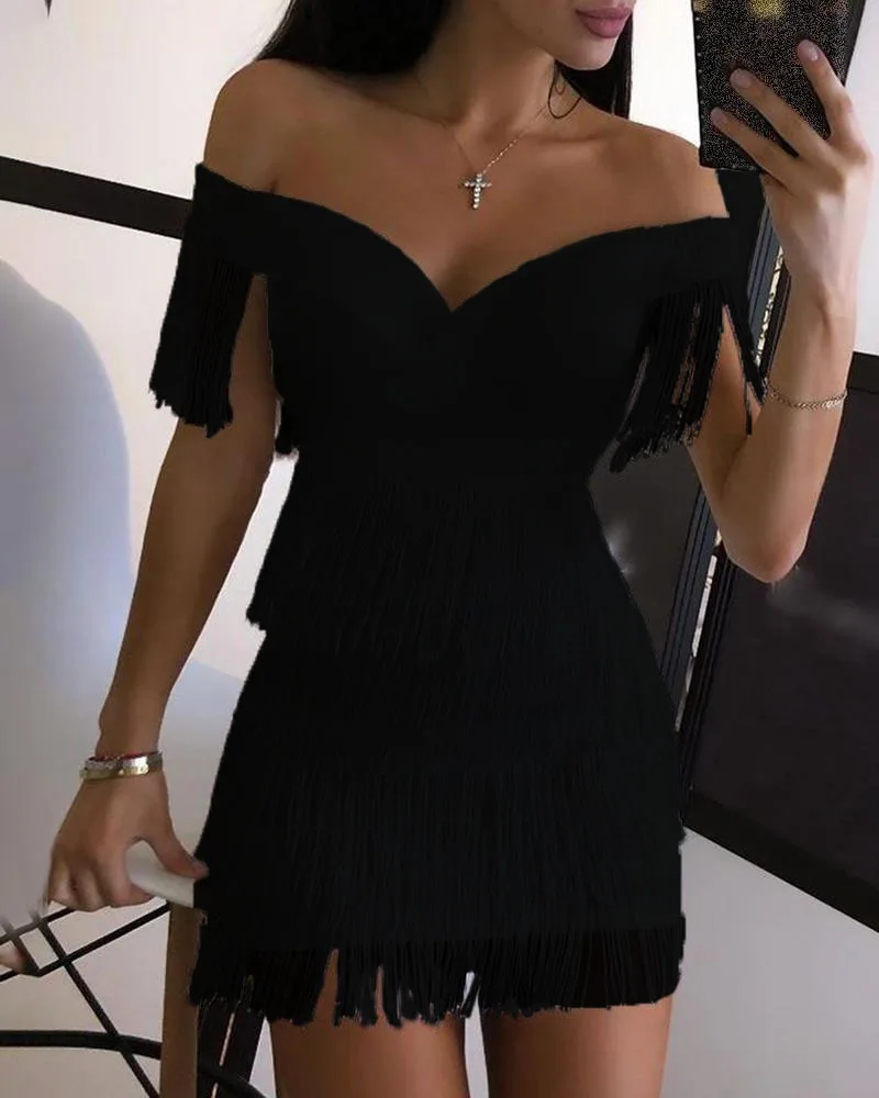 

White Fringe Celebrity Evening Runway Party Dress Women Sexy Tassels Short Sleeve Club Dress Women Fashion Sexy