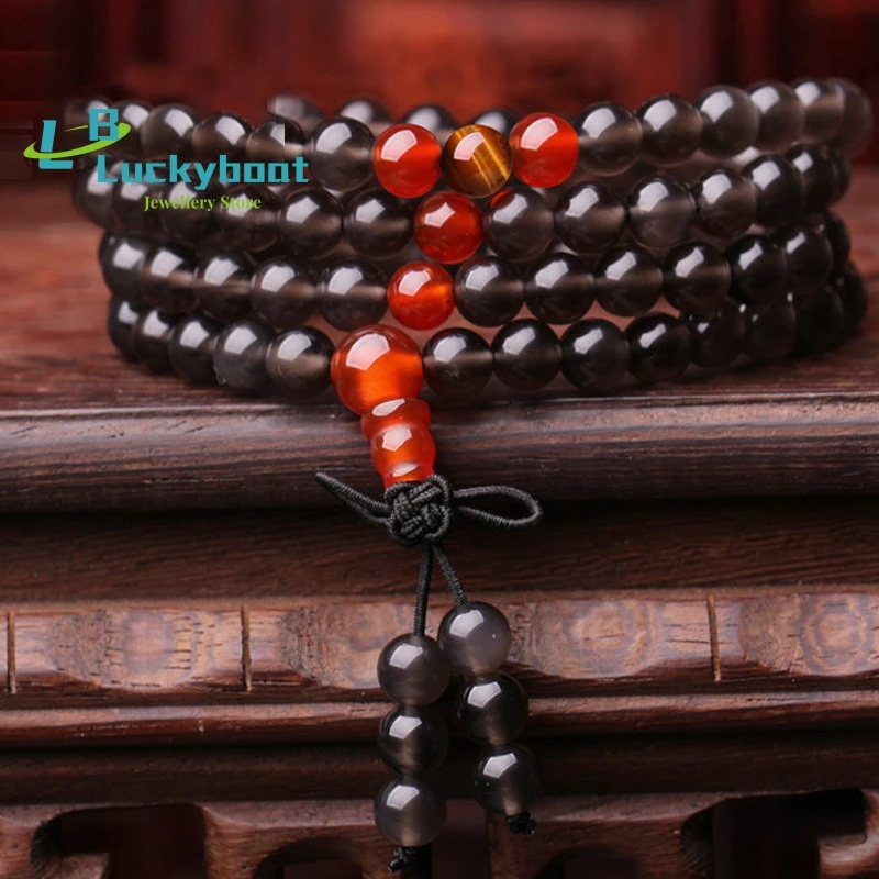 

Natural 6mm Black Obsidian beaded Tibetan Buddhist 108 Prayer Beads Necklace Gourd mala Prayer Bracelet for Meditation