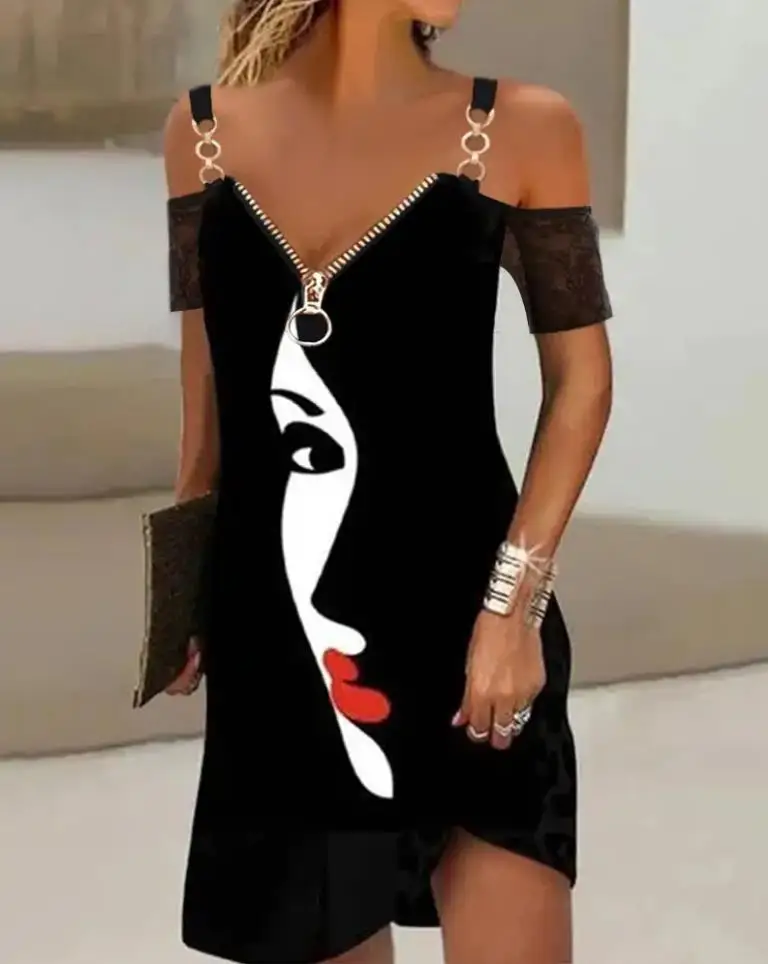 

Женское платье с коротким рукавом, повседневное элегантное платье-мини с абстрактным принтом, открытыми плечами, цепочкой и контрастными к...