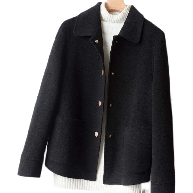 Женская двусторонняя твидовая куртка однотонная с длинным рукавом короткое