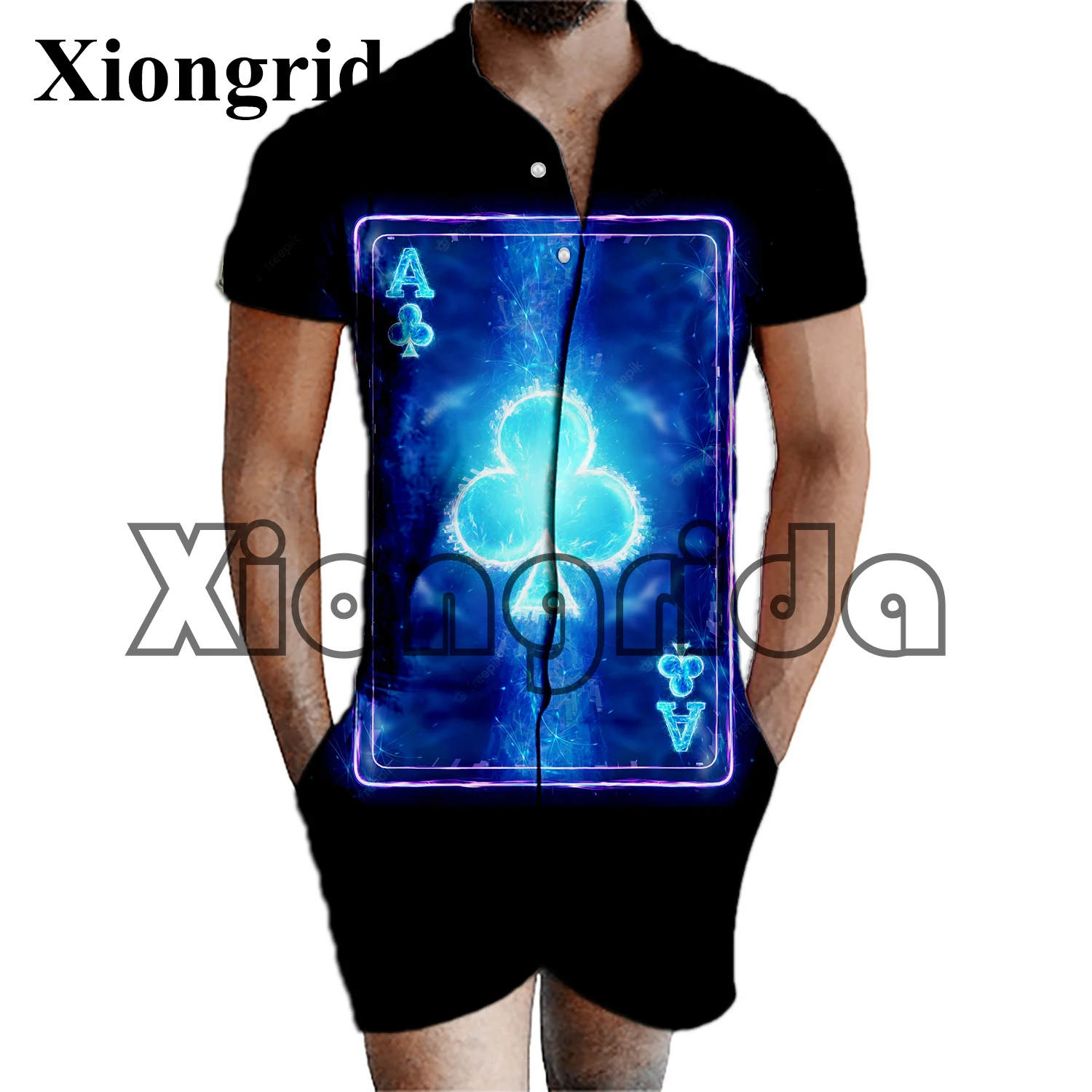 

Mens Jumpsuits Poker Print Rompers Shorts Fashion 3D Playing Cards Print Playsuit Overalls Casual One Piece Shorts Male Outfits