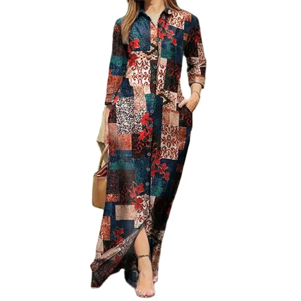 

Women Dress Slim Big Hem Shirt Dress Buttons Up Bohemia Print vestidos para mujer