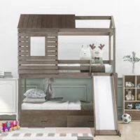 (US Stock) Twin Over Twin Bunk Bed with Two Storage Drawers and Slide, House-Shaped Wood Bunk Bed
