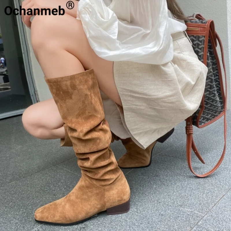

Ochanmeb Faux Suede Stretch Knee-High Boots for Women Square Toe Pleated Low Heel Boots Slip-on Female Shoes Autumn Winter 34-43