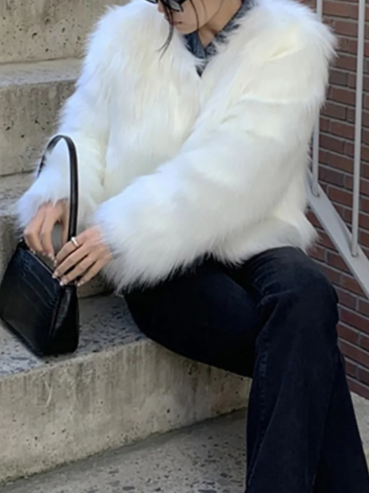 ALLNeon Winter 2022 Vintage 90s Solid Basic Fake Fur Coats Y2K Clubwear Shaggy O-neck Long Sleeve Cropped Jackets Women Cardigan