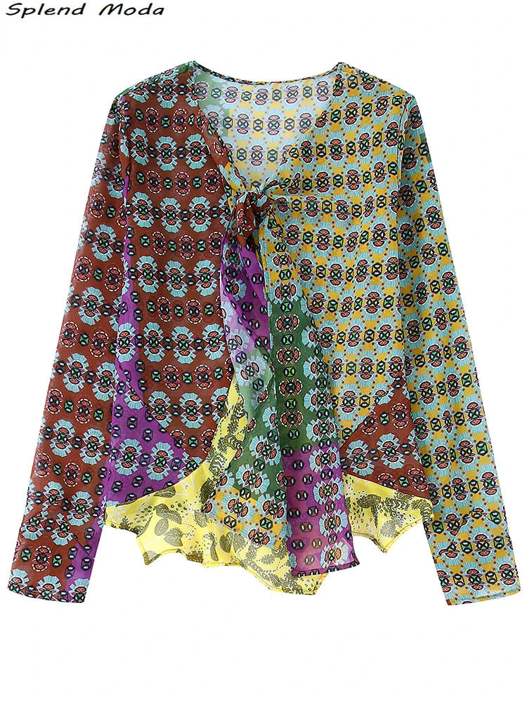 

Женская Свободная блузка ZA, винтажная блузка в богемном стиле с принтом, праздничная шикарная рубашка с V-образным вырезом и длинным рукавом...