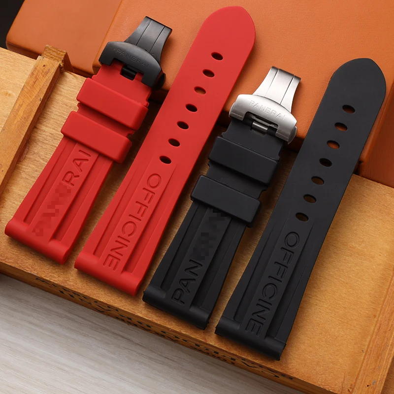 

High Quality 22 24mm Soft Black Rubber Watchband For Panerai Tape Wrist Bracelet Silver Black Deployment Clasp With Logo