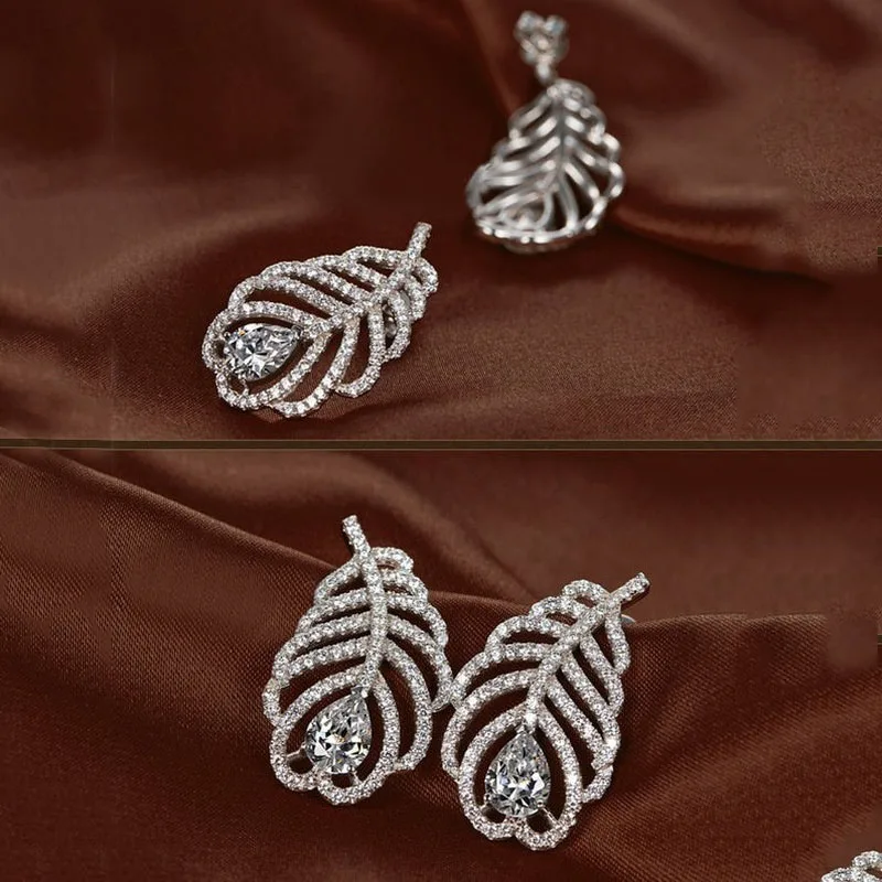 

Classic Hollow Leaf Stud Earrings European and American Style All Rhinestone Crystal AAA Zircon, Wedding Engagement Jewelry