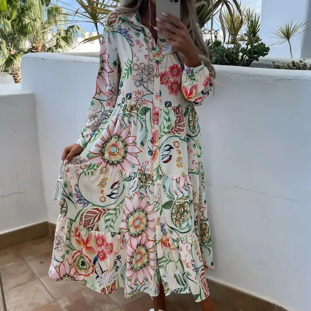 

Women Fashion Dress Turn-down Collar Colorful Flower Print Long Sleeve Bohemia Style Maxi Casual Loose Dress Female Clothes