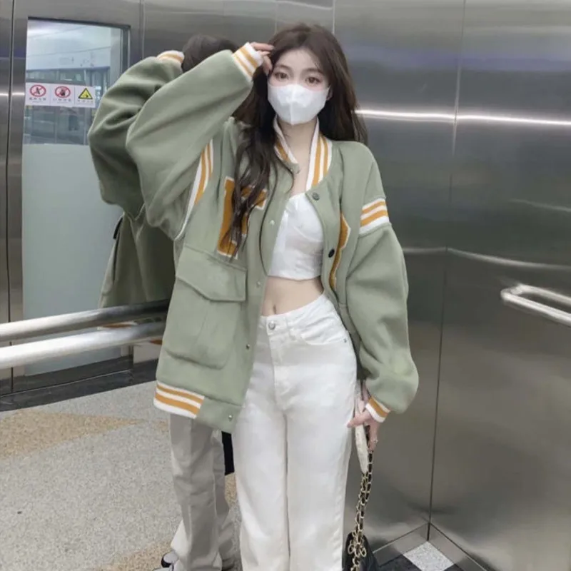 

Vintage Baseball Jacket Women's 2022 New Spring And Autumn American University Bomber Coat Stripe Letter Print Round Neck Jacket