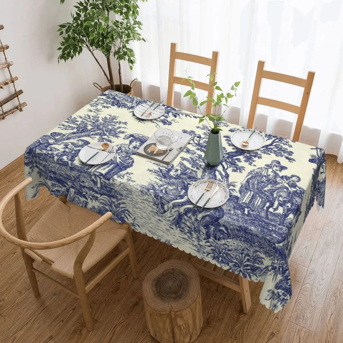 

Rectangular Fitted Toile De Jouy Blue Table Cloth Waterproof Tablecloth Outdoor 40"-44" Table Cover