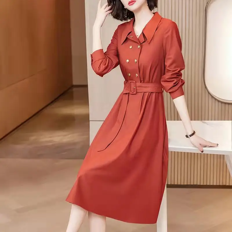 

Elegant 2022 Spring Turn Down Collar Dress Lantern Sleeve Office Lady Double Breasted Belt Dress Maxi Robe Casual Elegant K239