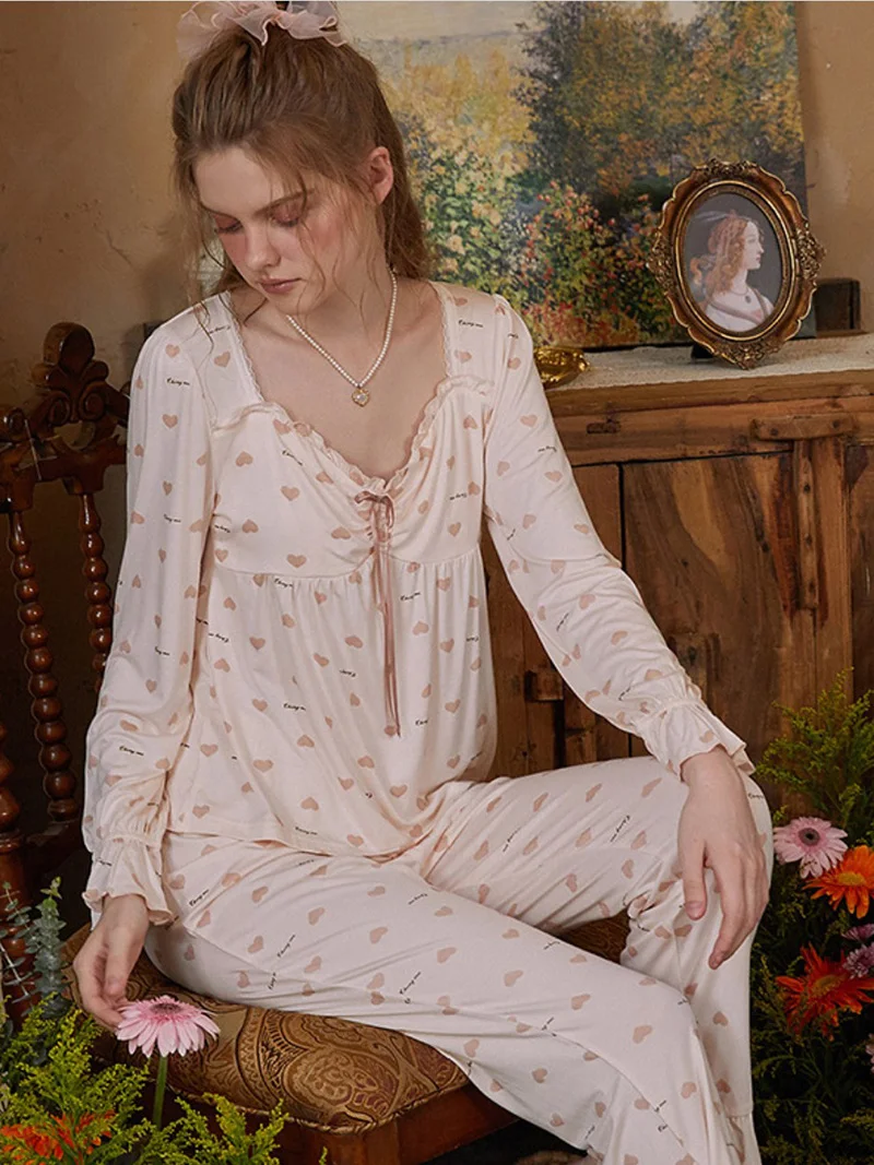 

Modal Print Long Sleeve Top Pants Two Piece Pajamas Women Spring Autumn Princess Home Clothing Set Victoria Sweet Girl Sleepwear