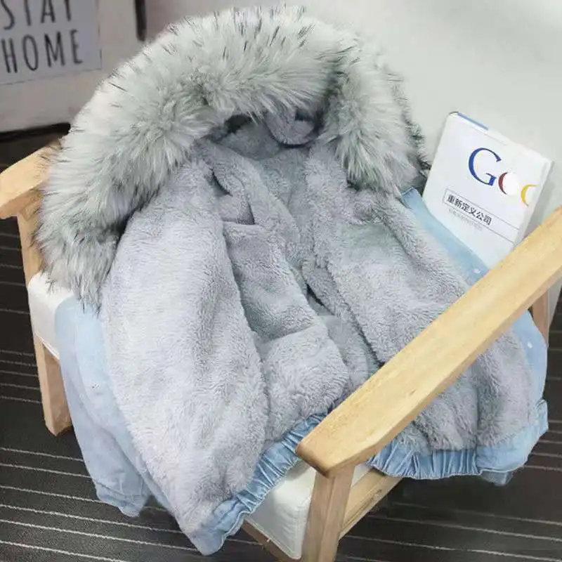 

2023 Autumn/Winter New Denim Coat Women's Loose and Thickened Fleece Collar Hooded Coat Women