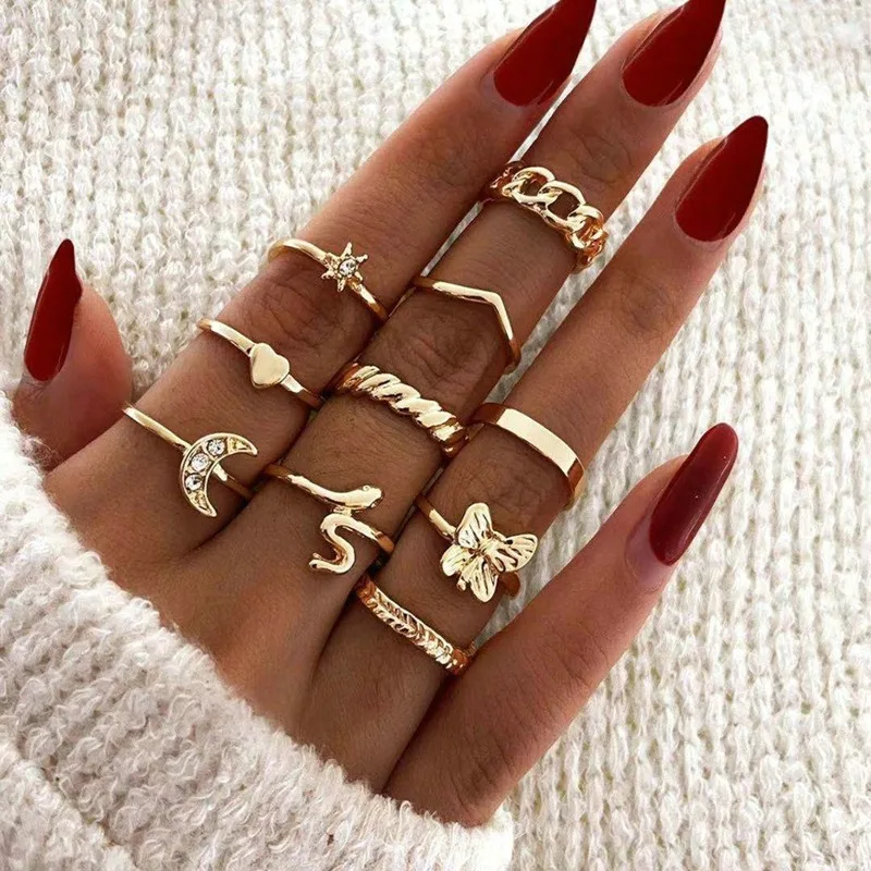 

Bohemian Midi Knuckle Finger Rings Set For Women Vintage Crystal Heart Crown Geometric Gold Color Ring Girl Wedding Jewelry