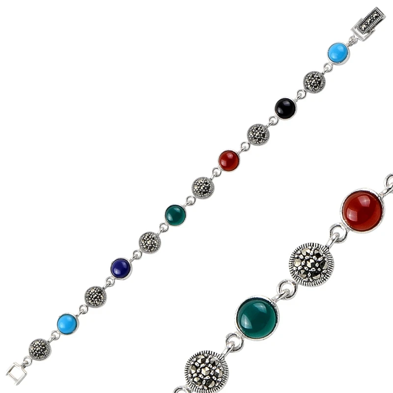 

Silver 925 Sterling Marcasite & Natural Stone Bracelet