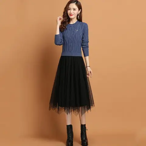 Slim bottom pullover dress female autumn and winter 2023 new lace long over -knee knit sweater long sleeve o neck dress female