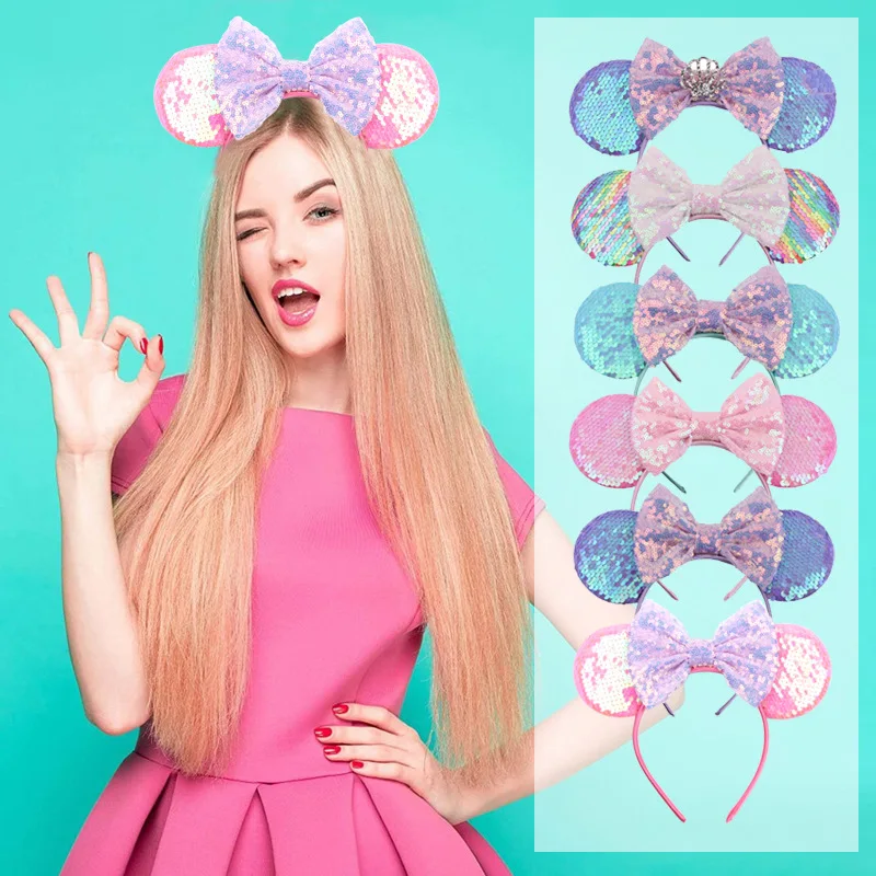 Disney Mickey Minnie Ear fascia Space Mountain fascia Big Sequin Bow Ears Costume fascia Cosplay peluche fascia per bambini per adulti