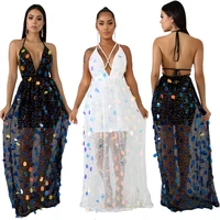 ladies sequined dress v neck halter sexy suspenders see through mesh dress club party long dress 2022 summer new style