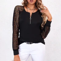 dropshipping women shirt solid color o neck lace patchwork spring blouse for daily wear