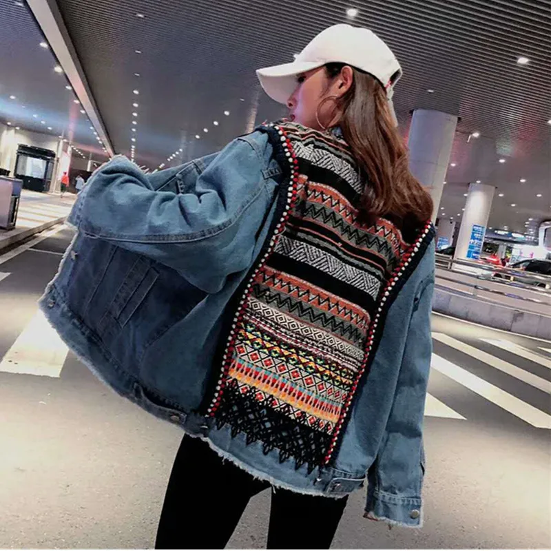 Женская джинсовая куртка в стиле бохо винтажное пальто с цветочной аппликацией и